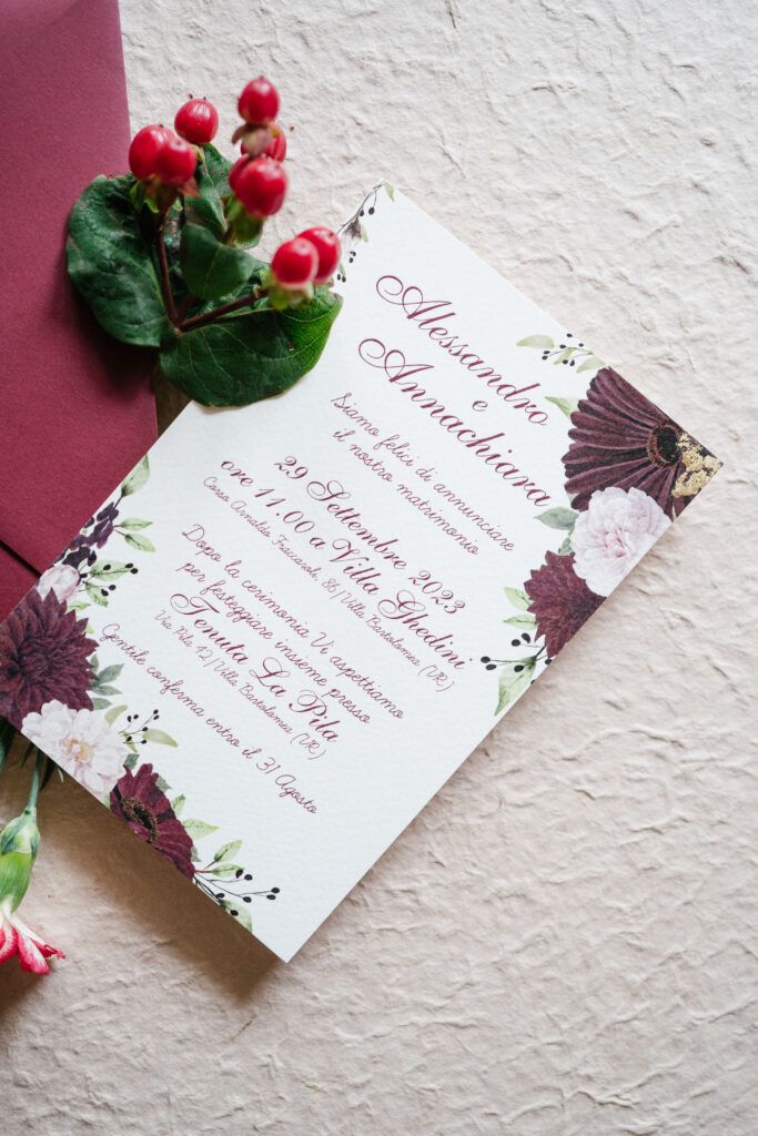 Matrimonio Verona Alessandro e Annachiara, palette bordeaux e oro