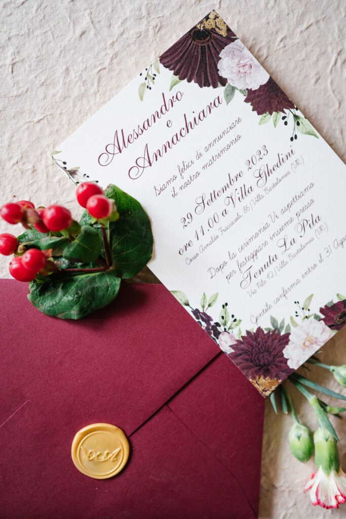 Matrimonio Verona Alessandro e Annachiara, palette bordeaux e oro