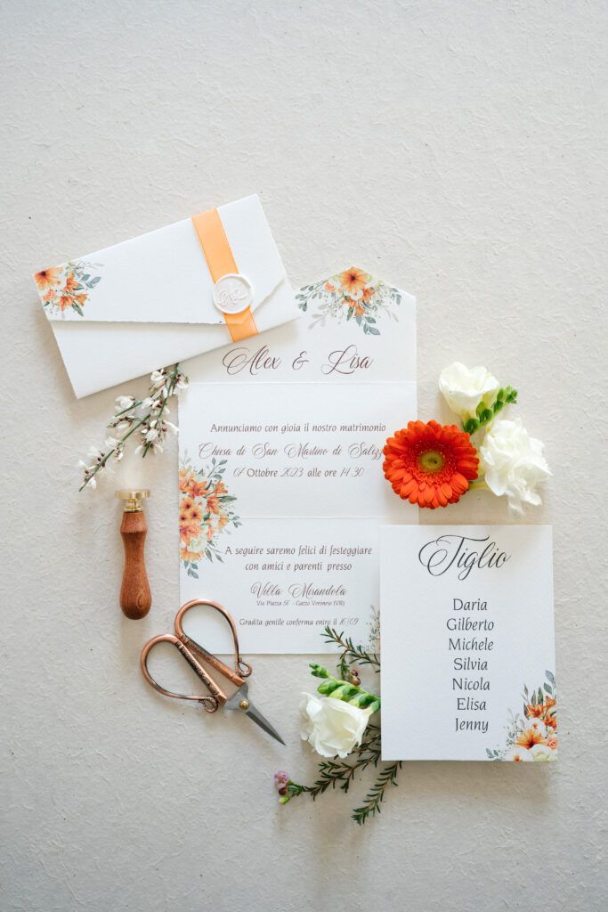 Partecipazione Matrimonio Verona Alex e Lisa, palette bianco e arancio