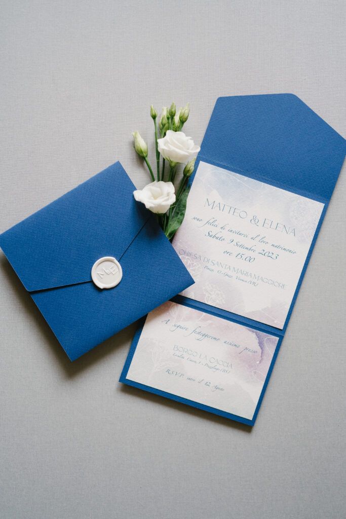 Partecipazione Matrimonio Verona Matteo e Elena, busta pocket, tema acquerello